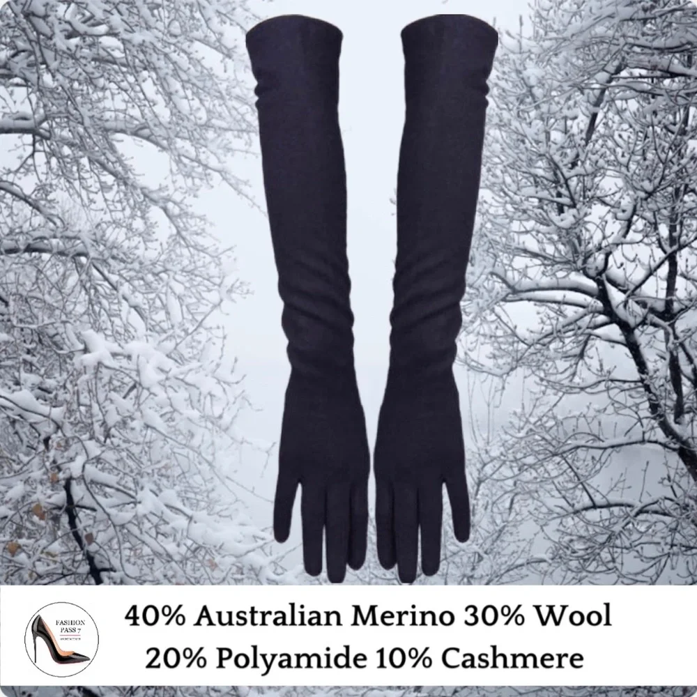 Black Long Cashmere Merino Wool Gloves Elbow Length Cashmere Driving Gloves Gift